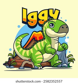 Cute Iguanodon Dinosaur Character Mascot in Vector Cartoon Illustration Design for kid, sticker, badge, patch, banner, greeting card