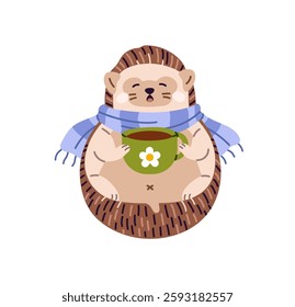 Cute ill baby hedgehog drinks tea. Adorable sick prickly animal with scarf holds cup of hot beverage. Amusing forest character with flu, grippe, influenza. Flat isolated vector illustration on white