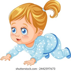 Cute illustrated baby crawling in blue pajamas