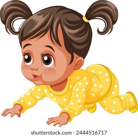 Cute illustrated baby girl crawling in yellow pajamas