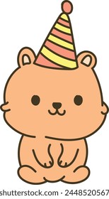 Cute illustrated bear wearing a colorful striped party hat, ideal for children's content or birthday themes.
