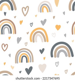 Cute Illustrated Boho Rainbow Illustration with hearts. pale colors. scandianvian style seamless pattern