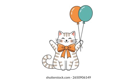 Gato ilustrado bonito com arco laranja e dois balões celebrando uma ocasião especial alegremente