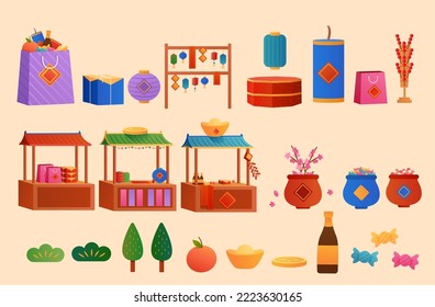 Cute illustrated Chinese new year market element set isolated on beige background.