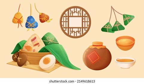 Cute illustrated Dragon Boat Festival food element set, isolated on beige background.