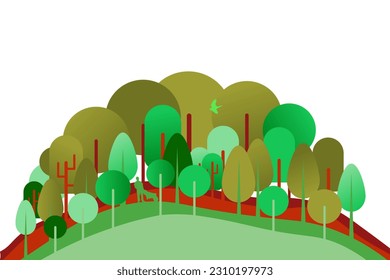 Cute Illustrated Forest isolated on white background. Geometric trees on hill with flying birds. Vector Illustration. EPS 10