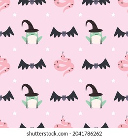 Cute illustrated halloween pattern with a frog, snake and a bat. Seamleass repeated background.