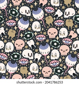 Cute illustrated halloween pattern with sculls, eyes, teath and stars. Seamleass repeated background.