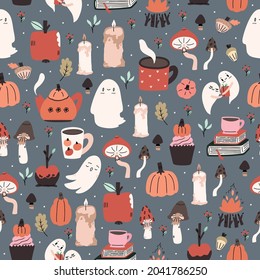 Cute illustrated halloween pattern. Seamleass repeated background.