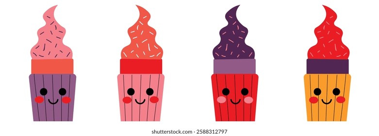 Cute Illustrated Ice Cream Characters with Smiling Faces and Vibrant Colors. Adorable ice cream character graphics featuring bright colors, smiling faces, and unique personalities. 