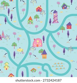 Lindo patrón de mapa ilustrado con ríos, casas, árboles y pueblos Pequeños. Estilo de Vector plano juguetón, ideal para productos para niños, materiales educativos, Fondos de pantalla, papel de regalo, tela, papelería y diseños de libros de cuentos.