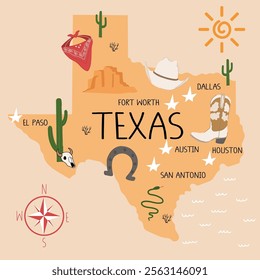 A cute illustrated map of Texas. A western USA state with doodle elements, pants, animals, cities