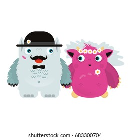 Cute illustrated monster. Wedding couple. Newly-married. Merry Wedding. Picture for children. Bride and groom.