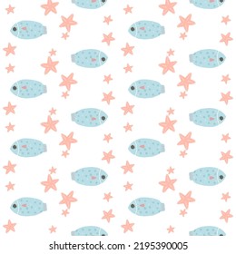 Patrón ilustrado lindo con peces, pulpos, algas, conchas. Pescado dibujado a mano sobre un patrón para textiles, ropa para niños, papel pintado, papel de envoltura, estuches para smartphones.