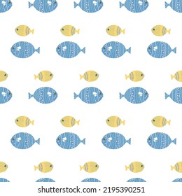 Cute illustrated pattern with fish, octopus, algae, shells. Hand-drawn fish on a pattern for textiles, children's clothing, wallpaper, wrapping paper, smartphone cases.