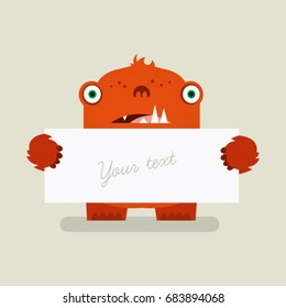 Cute, illustrated red monster with poster for your text