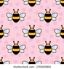 Cute Illustrated Seamless Vector Pink Bee Pattern with Repeat Bumblebees and Little Flowers on a Baby Pink Background. Perfect For Birthday Parties, Home Decor, Fashion, Baby Rooms and Card-making.