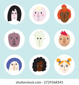 Conjunto ilustrado lindo de diversos rostros humanos en marcos circulares, mostrando diferentes peinados, tonos de piel y expresiones en un estilo plano juguetón y moderno.