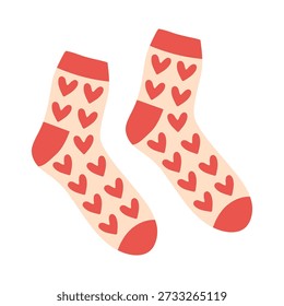 Cute illustrated socks with heart pattern, cozy and playful design symbolizing love and warmth. For Valentine graphics, fashion prints, gifts, stickers, social media and romantic decor. Flat vector.