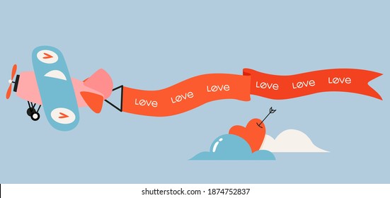 Cute illustrated vector plane with a ribbon. Valentine's day and love concept. Plane holding a red ribbon with love message. Heart in the clouds. Isolated element stickers for print, cards and web.