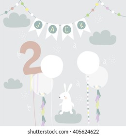 Cute illustration of 1st birthday for boy, two years old 