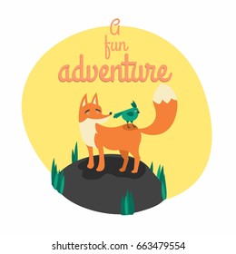 Cute illustration of "A fun adventure" Friends - the Fox and parrot. The cartoon characters.