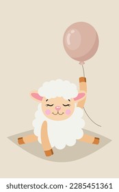 Cute Illustration mit adorable Lamm-Schafen, die einen Ballon halten

