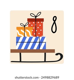 Cute illustration for advent calendar with number 8 for December. Doodle sled with colorful boxes of presents on it. Countdown for days before Christmas.