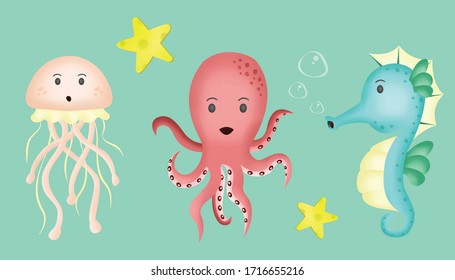 cute illustration animals jellyfish octopus and seahorse