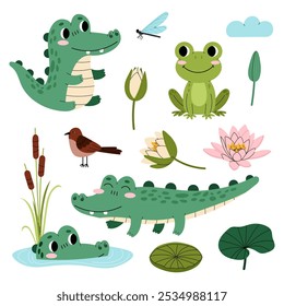 Ilustração bonita de animais que vivem em um pântano, lago ou lagoa. Crocodilo engraçado, sapo, libélula. Ilustração de desenho animado plano sobre fundo branco.