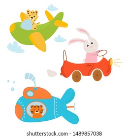 
Cute illustration animals and transport. Illustration for the design of children's cards and books. vector characters for children's rooms.