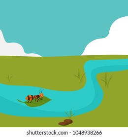 Cute illustration of Ant floating on leaf in a river. Can be used for kids learning, books, cartoon, comics, poster, animation, banner, icons and backgrounds.