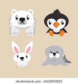 Cute illustration Antarctic Animals Polar Bears, Penguins, White Rabbits, and Seals