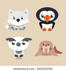 Cute illustration of Antartic Animals White Foxes, Puffins, White Owls, and Walrus