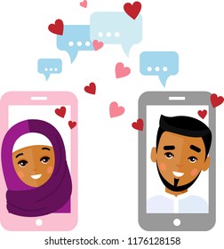 Cute illustration of arab people in love in a mobile phone.
Vector flat arabic lover concept on the smartphone sent a message of love.
Communication lovers by phone. Lovers chat online on the Internet