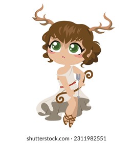 Cute illustration of Arthemist Goddess of the hunt and wild animals on a white background. Cute cartoon Greek gods isolated on white background for packing paper, fabric, postcard, clothing, printable