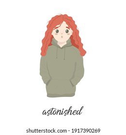 Cute illustration of an astonished girl isolated on the white background. Emotion concept. Eps 10