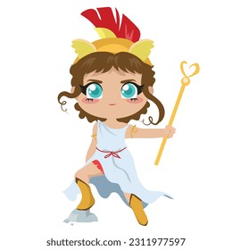 Cute illustration of Athena the Greek Goddess of war and handicraft on a white background. Cute cartoon Greek gods isolated on white background for printing fabric, posters, and printable card