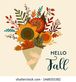 Cute illustration with autumn bouquet. Vector template for card, poster, flyer, cover and other use.