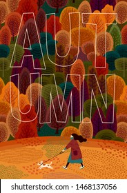 Cute illustration with autumn forest. Vector template for card, poster, flyer, cover and other use. Trendy retro style.