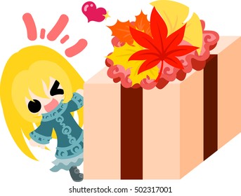 The cute illustration of autumn and girl -A wonderful present-