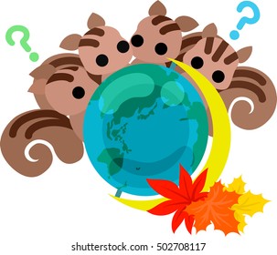 The cute illustration of autumn and girl -A terrestrial and squirrels-