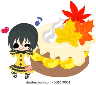 The cute illustration of autumn and girl -Maple cake-