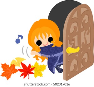 The cute illustration of autumn and girl -Open the door-