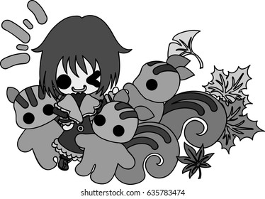 The cute illustration of autumn and girl -Pretty squirrels-