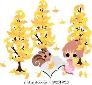 The cute illustration of autumn and girl -Reading in the park-