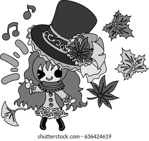 The cute illustration of autumn and girl -Silk hat of colored leaves-