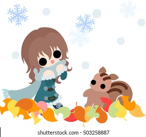 The cute illustration of autumn and girl -Autumn snowfall-