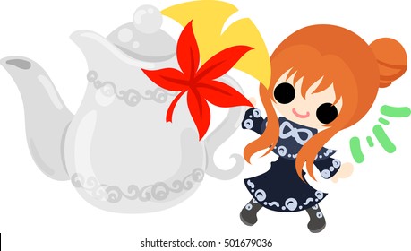 The cute illustration of autumn and girl -Teapot of colored leaves-