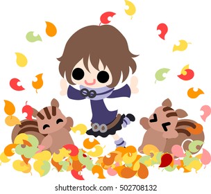 The cute illustration of autumn and girl -The carpet of fallen leaves-